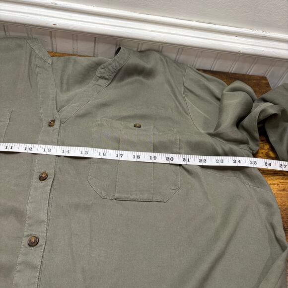J Jill Plus Size 2X Top Button Up 100% Tencel Olive Green Roll Tab Sleeve V Neck - Picture 7 of 14